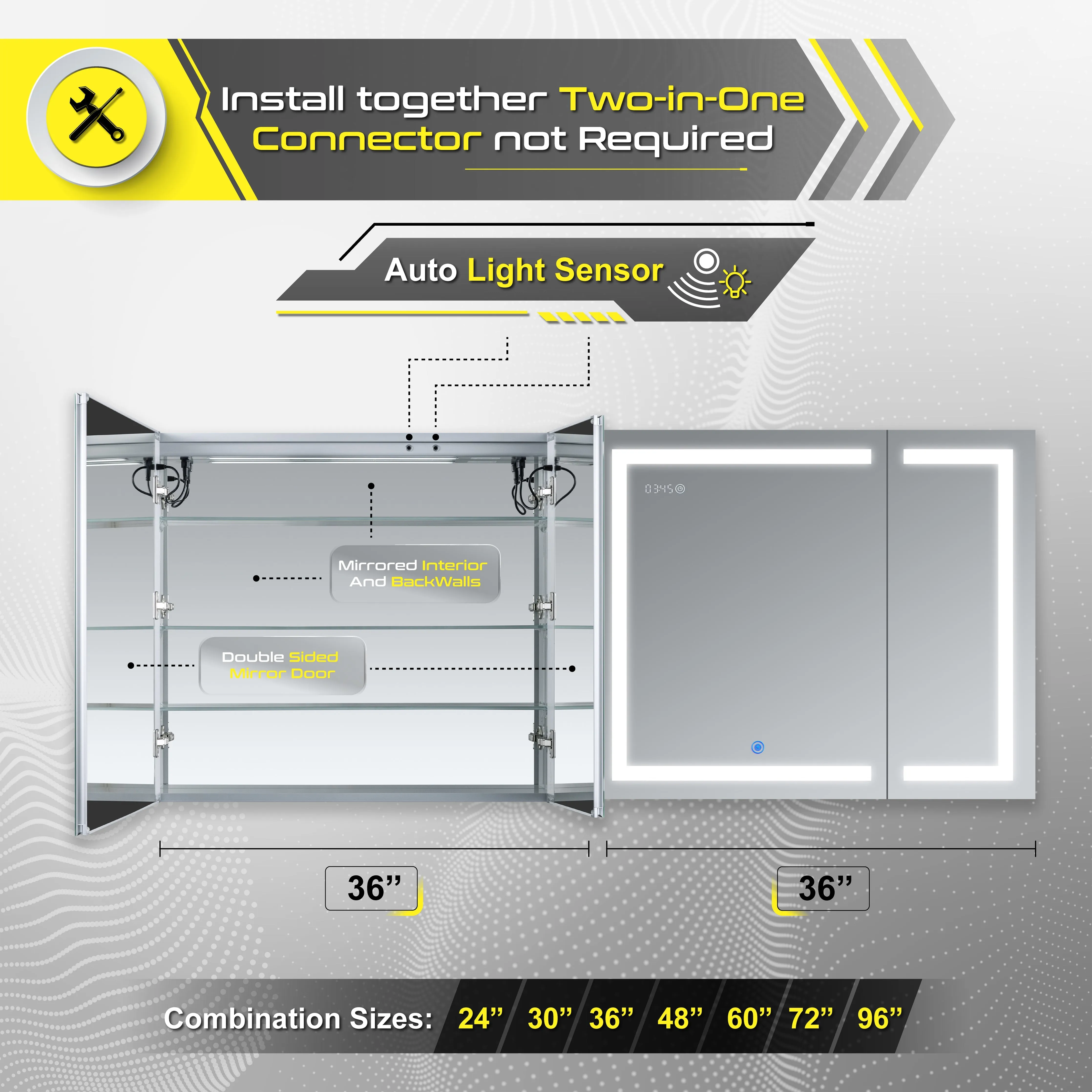 DECADOM LED Mirror Medicine Cabinet Recessed or Surface, Dimmer, Clock, Room Temp Display, Dual Outlets Duna 36x32